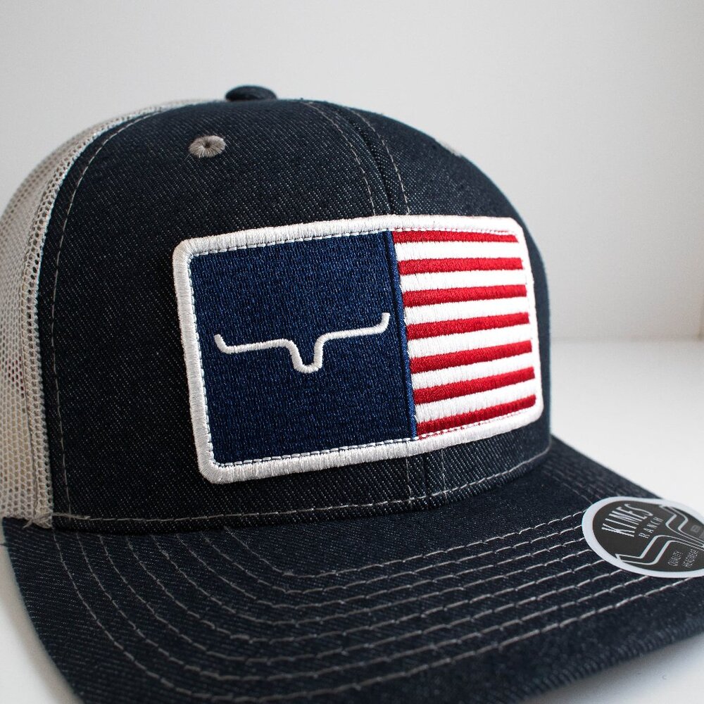 Kimes Ranch, American Flag Patch, Denim & Gray, Mesh, Snapback - Picture 2 of 5